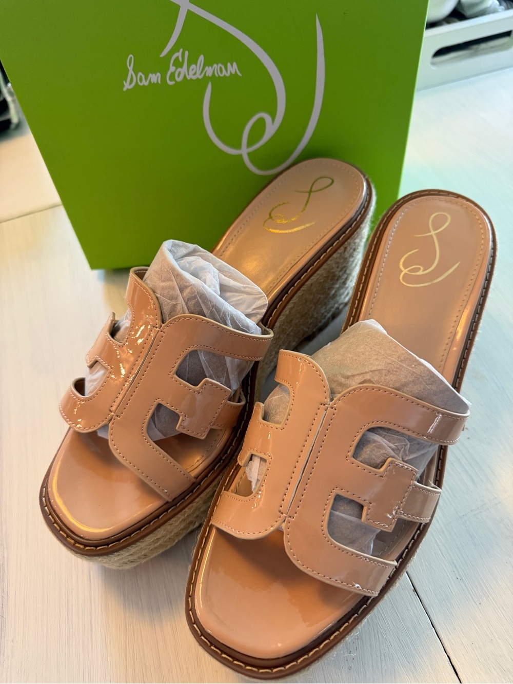 Sam Edelman Patent Nude Espadrille Wedge Slides